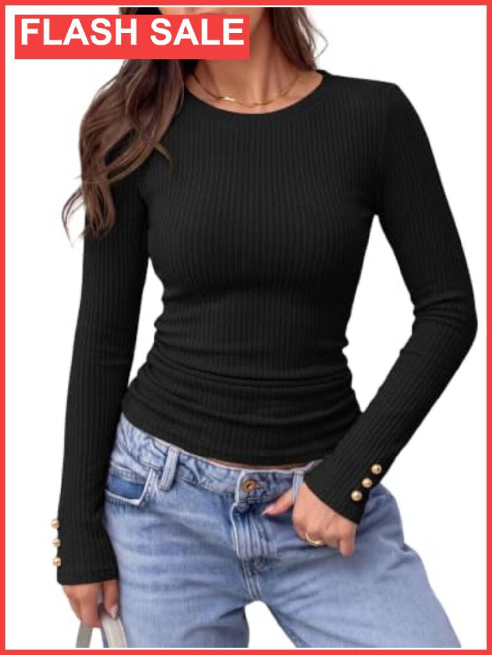 Slim Fitted Long Sleeve Crewneck Top with Gold-Tone Button Cuffs Business Casual
